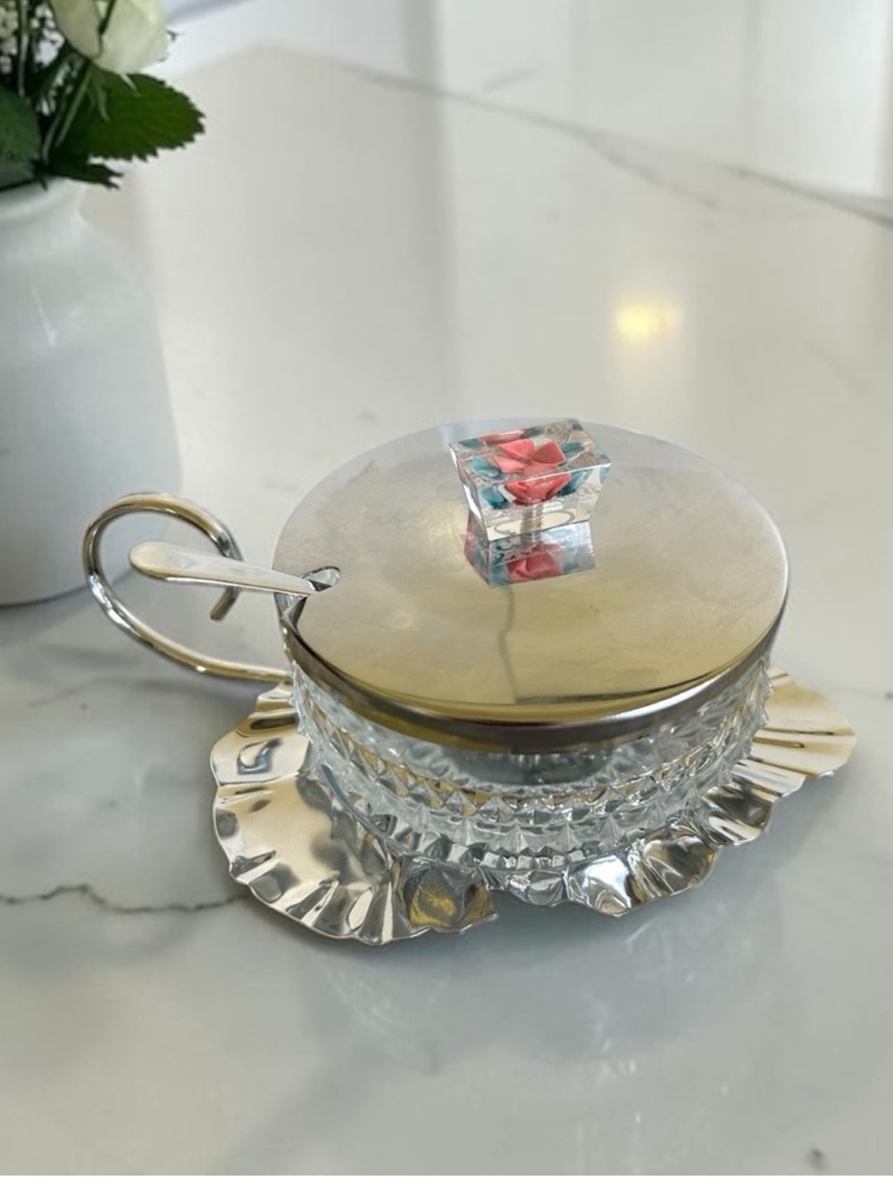 Vintage Zimco Glass Preserve Condiment Dish & Tray Set Sheffield England Chrome